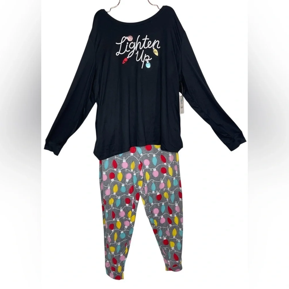 NWT Secret Treasures Black Long Sleeve Multicolor Jogger Pajama Set Holiday Lg
